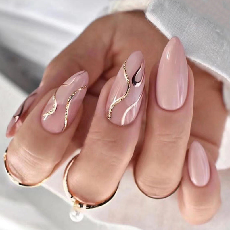 Fashionable and unique ripple glitter pink almond-shaped nail art