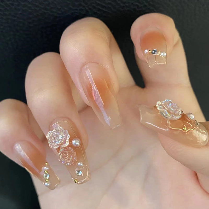 Three-dimensional rose pearl long-style manicure