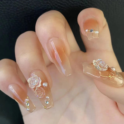 Three-dimensional rose pearl long-style manicure