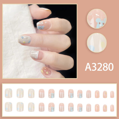 短款可爱手绘卡通小熊夏日小清新涂鸦美甲成品指甲贴片穿戴甲24片