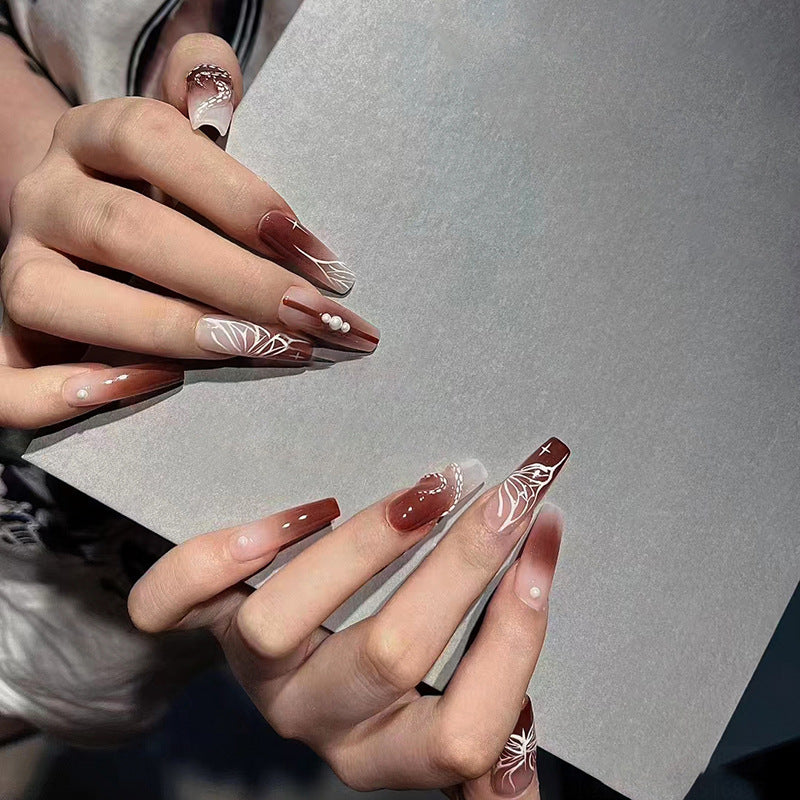 Long-style alluring butterfly snake-patterned dark brown sensual style nail art