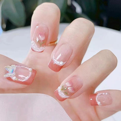 Tulip flower high-end style dazzling pearl three-dimensional butterfly diamond nail art