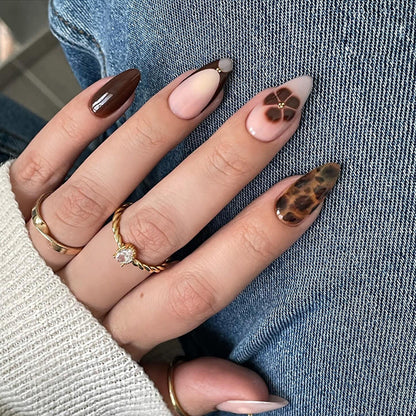 Dark brown flower leopard print almond-shaped nail polish
