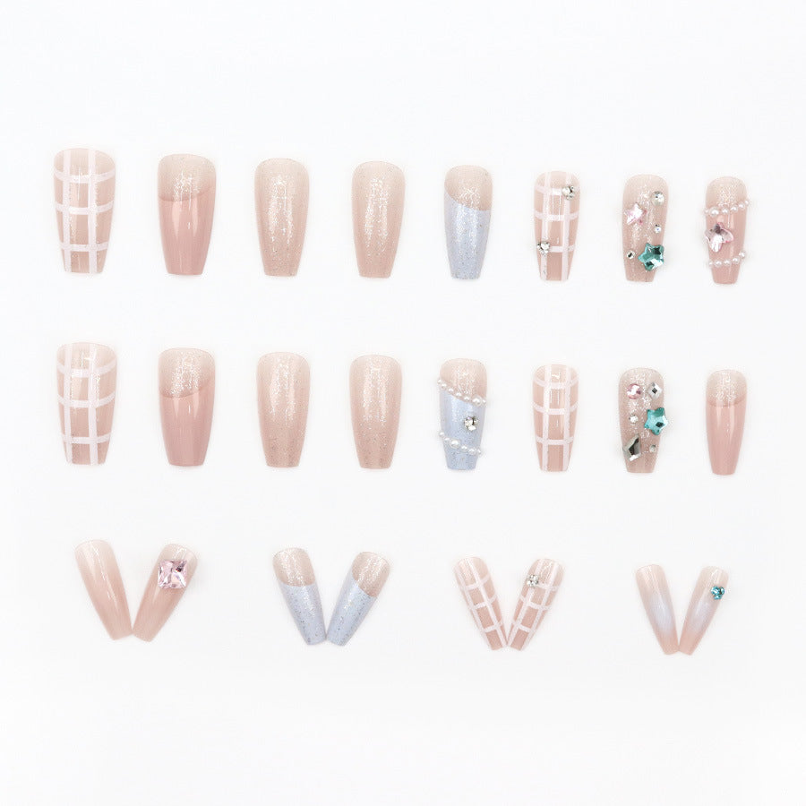 Pink-blue girl sweetheart fairy chessboard pattern ballet long nails manicure