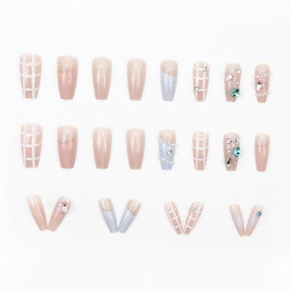 Pink-blue girl sweetheart fairy chessboard pattern ballet long nails manicure