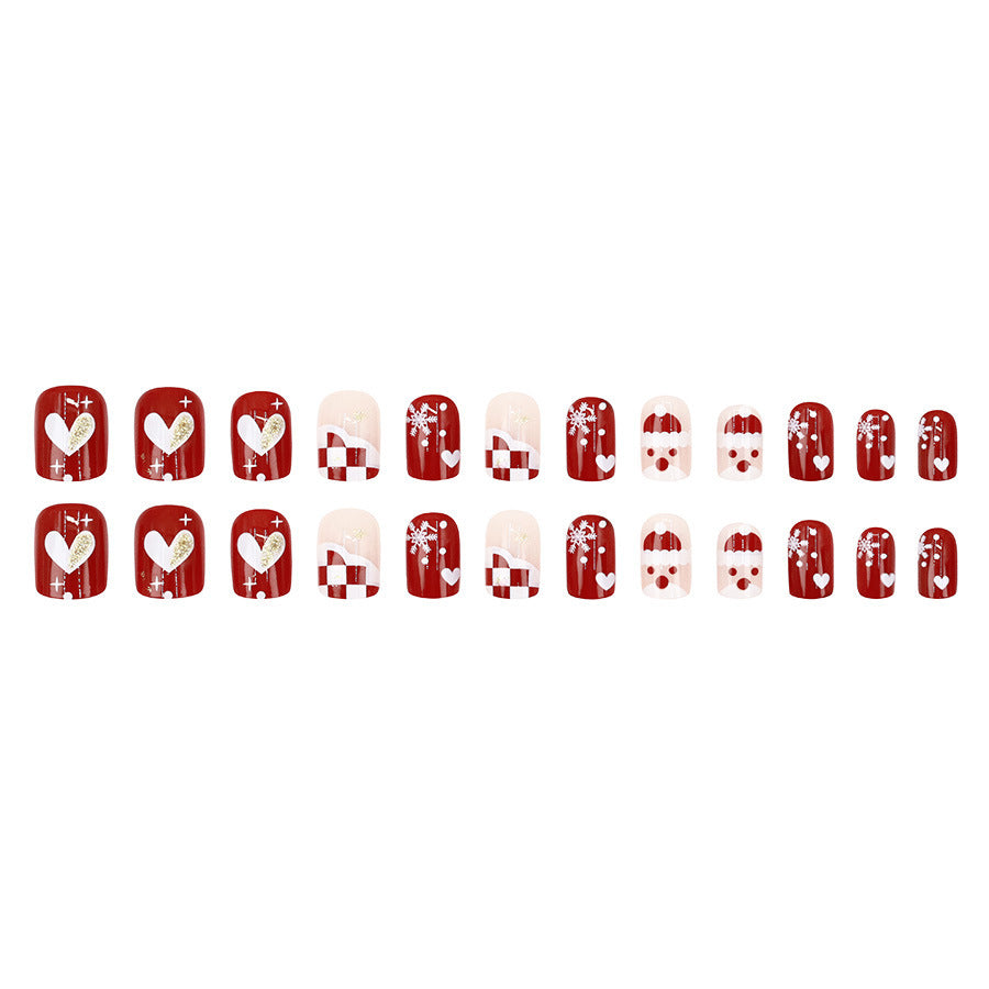 Santa Claus snowflake red checkered heart nail art