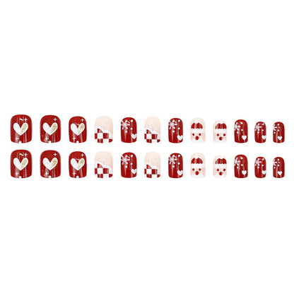 Santa Claus snowflake red checkered heart nail art