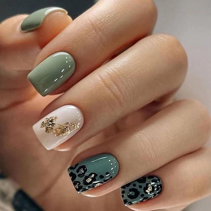 Green leopard print fashionable gold foil personalized nail art