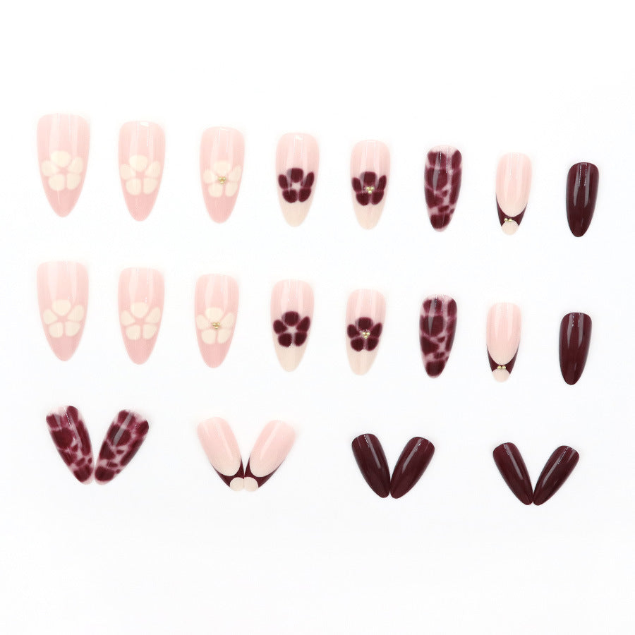Dark brown flower leopard print almond-shaped nail polish