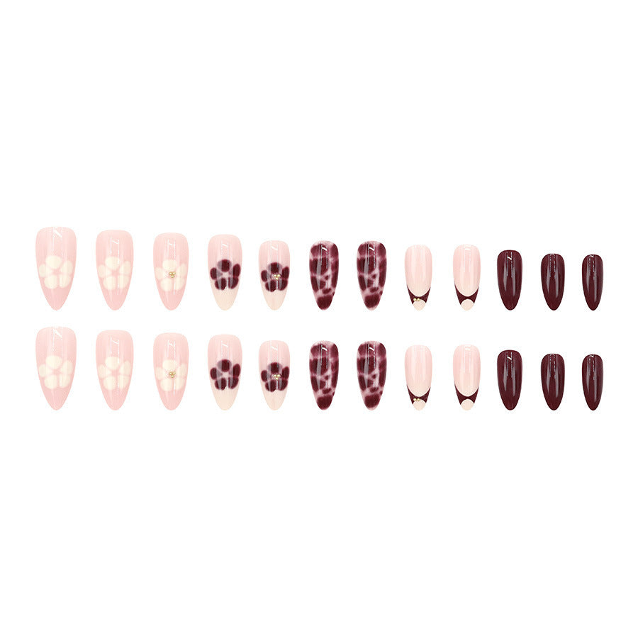 Dark brown flower leopard print almond-shaped nail polish