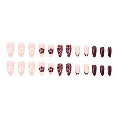 Dark brown flower leopard print almond-shaped nail polish