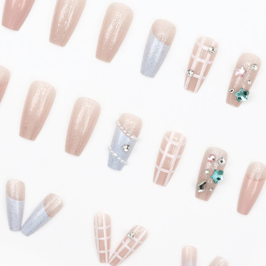 Pink-blue girl sweetheart fairy chessboard pattern ballet long nails manicure