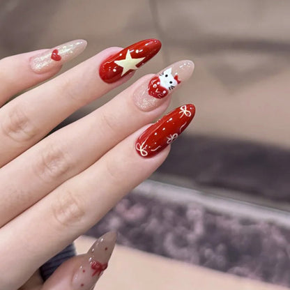 Christmas red Kitty cat bow tie star almond-shaped nail polish