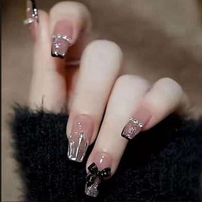 Ins-style black bow-shaped diamond nail polish