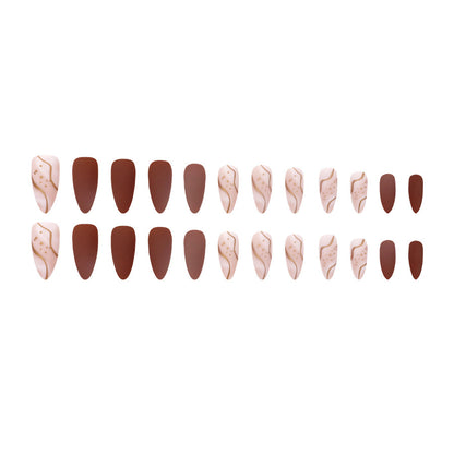 Sweet and cool girl style, brown gold-plated lines, almond-shaped manicure