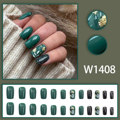 Retro forest gold foil leaves black nail polish