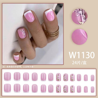 Fashionable and unique ripple glitter peach-colored almond flower painted leaf small flower nail art