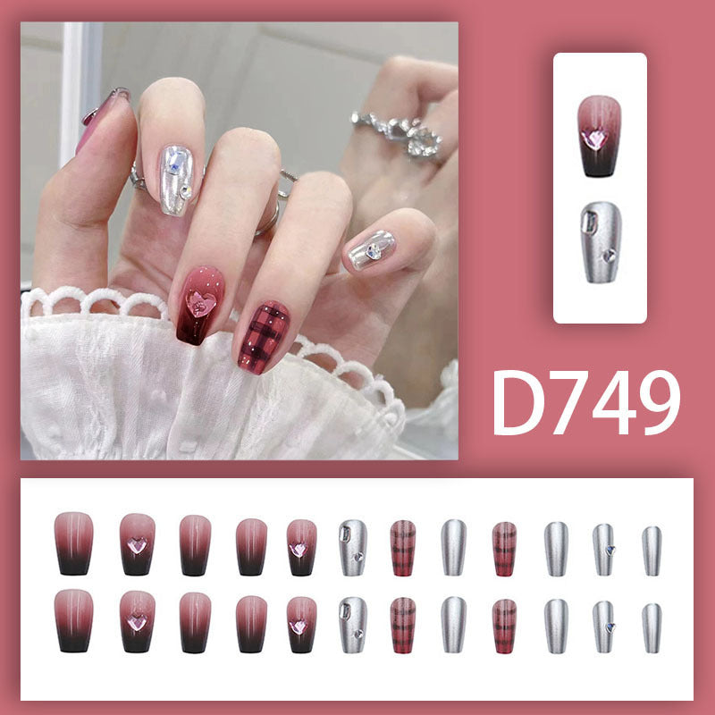 Sweetheart checkered hot girl gradient heart-shaped diamond nail polish