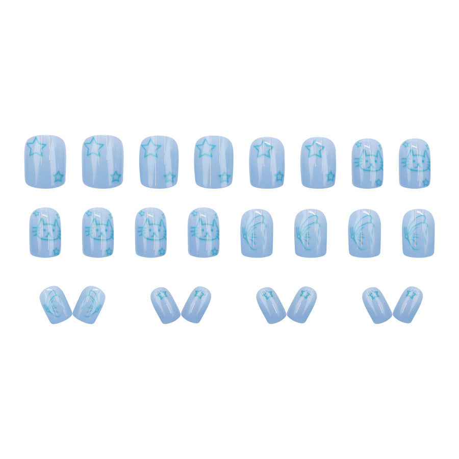 Childish Cute Cat Blue Star Nails