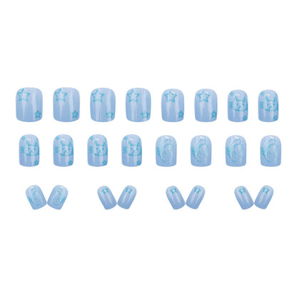 Childish Cute Cat Blue Star Nails