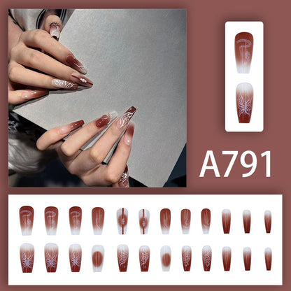 Long-style alluring butterfly snake-patterned dark brown sensual style nail art